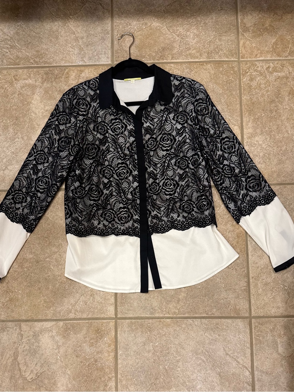 Gianni Bini Black Lace Overlay White Button-Down Shirt